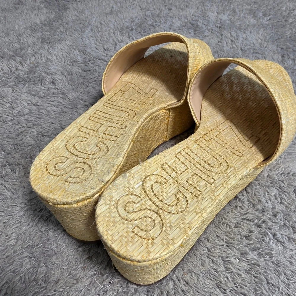 Schutz Wedge‎ Platform Sandals Slides Tan Raffia Woven Slide Womens 6.5B